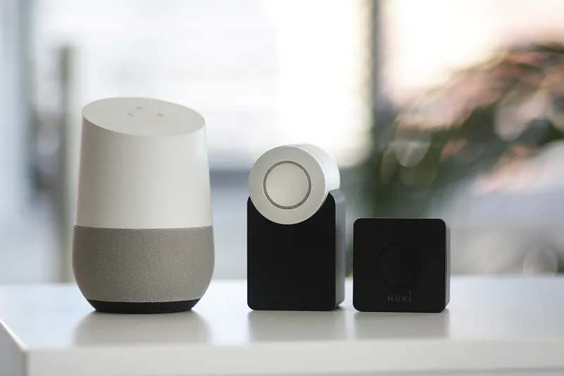 Connected smart home devices arranged on a shelf